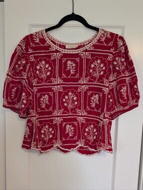Solitaire Red Top With White Floral Embroidery